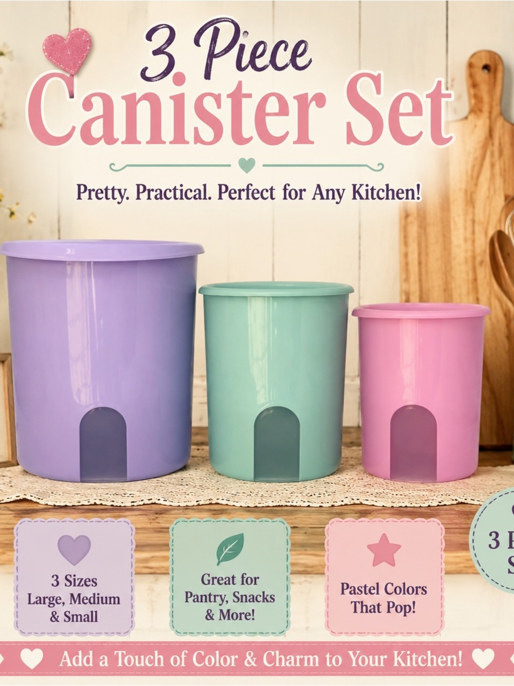 New Tupperware Three piece one touch canister set